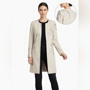 ​Linda Allard Ellen Tracy 100% Linen Embroidered Duster Coat Size 4 Quiet Luxury